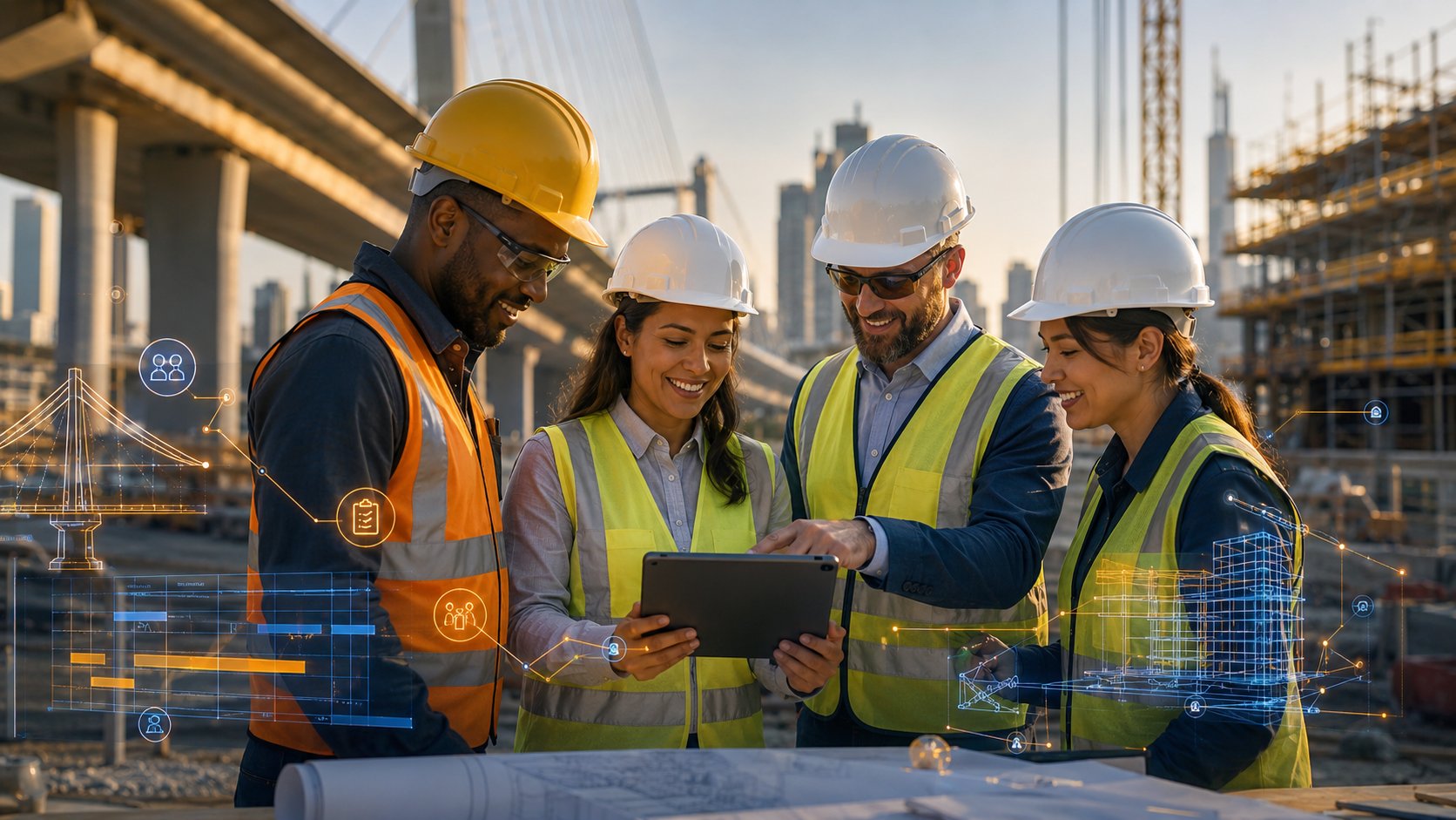 Civil engineers reviewing plans on a construction site