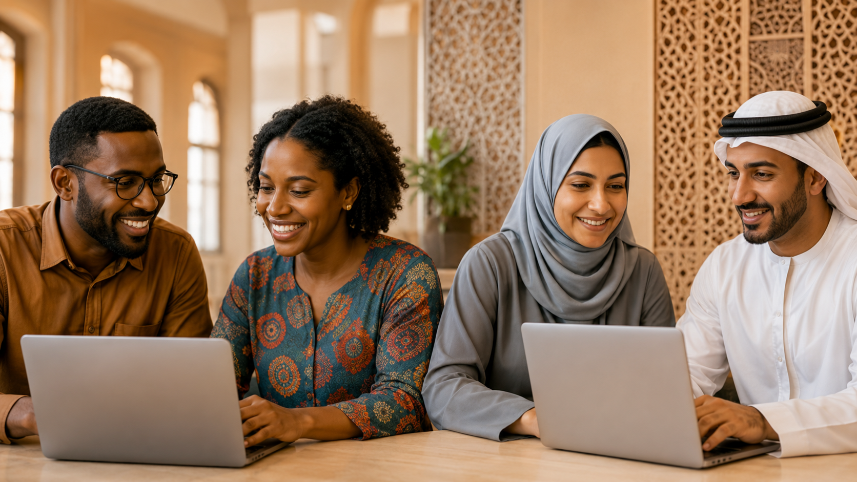 A diverse group of people collaborating on laptops