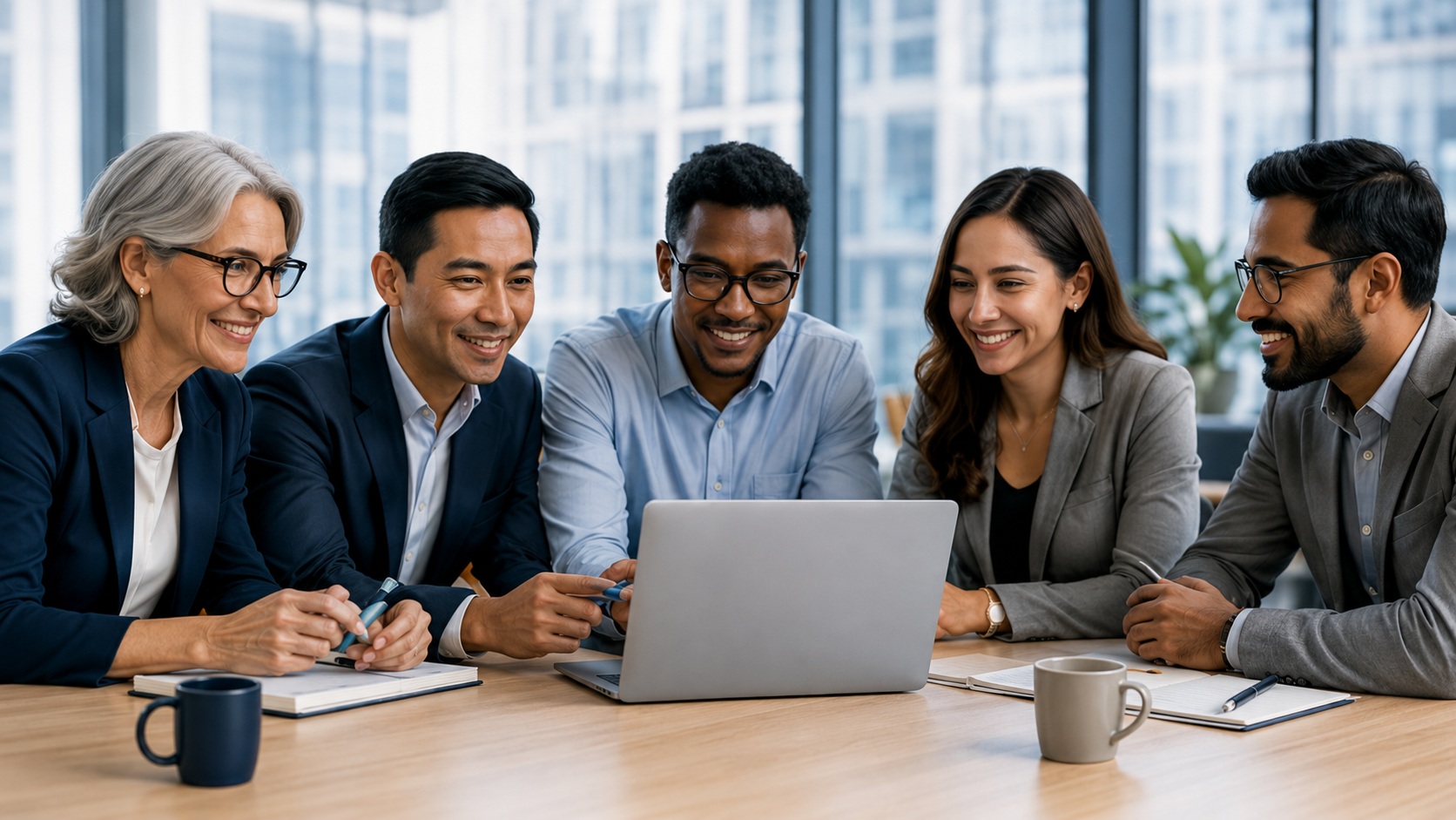 A corporate team gathered around a laptop in a modern office
