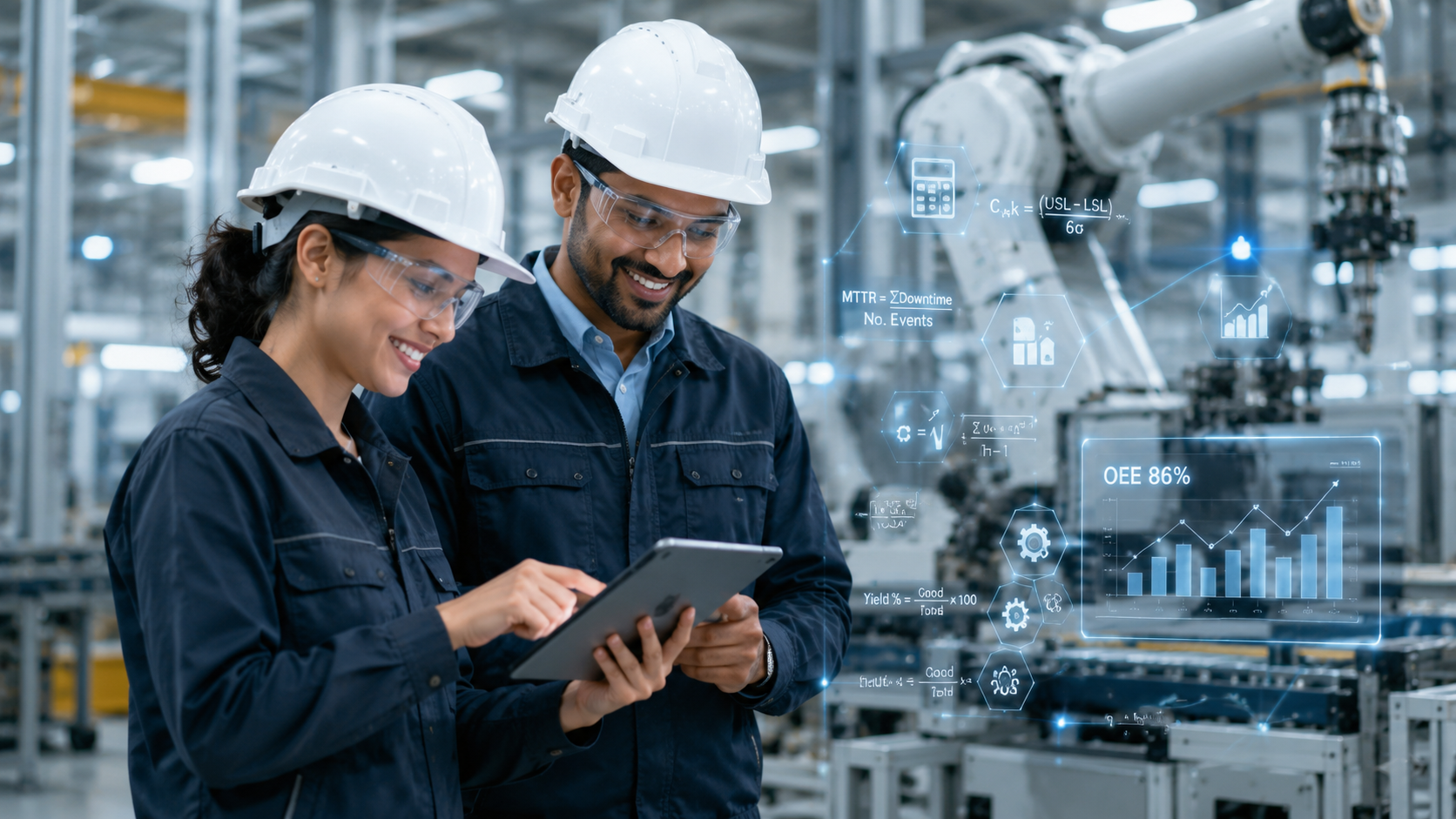 An engineer on a manufacturing floor with a tablet