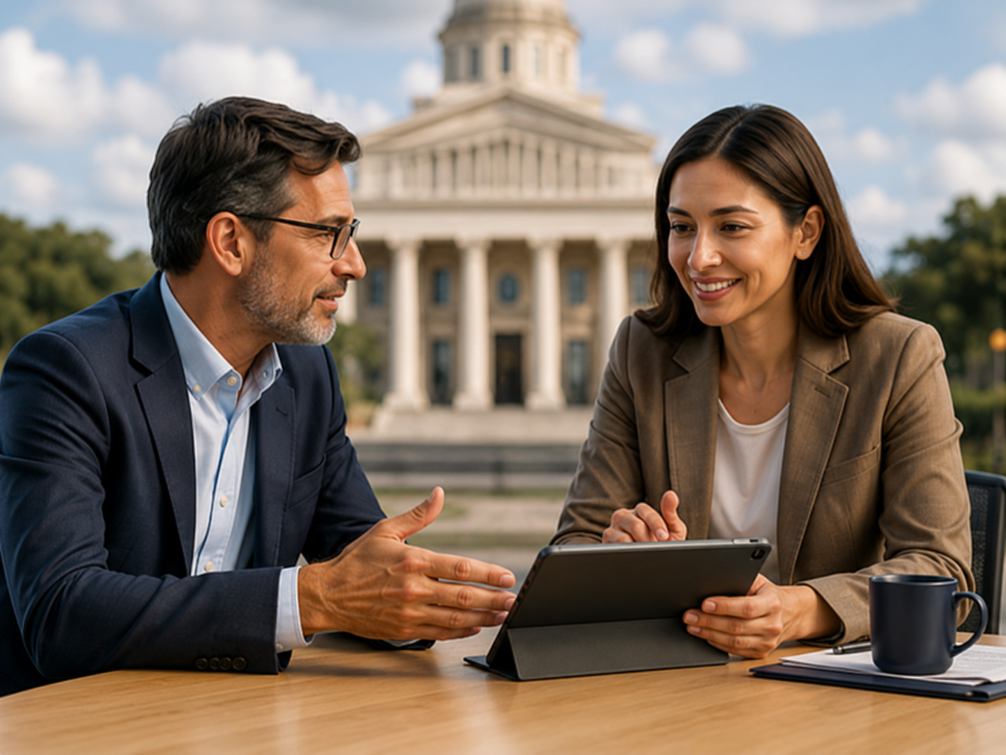 Two professionals reviewing a tablet in front of a government building