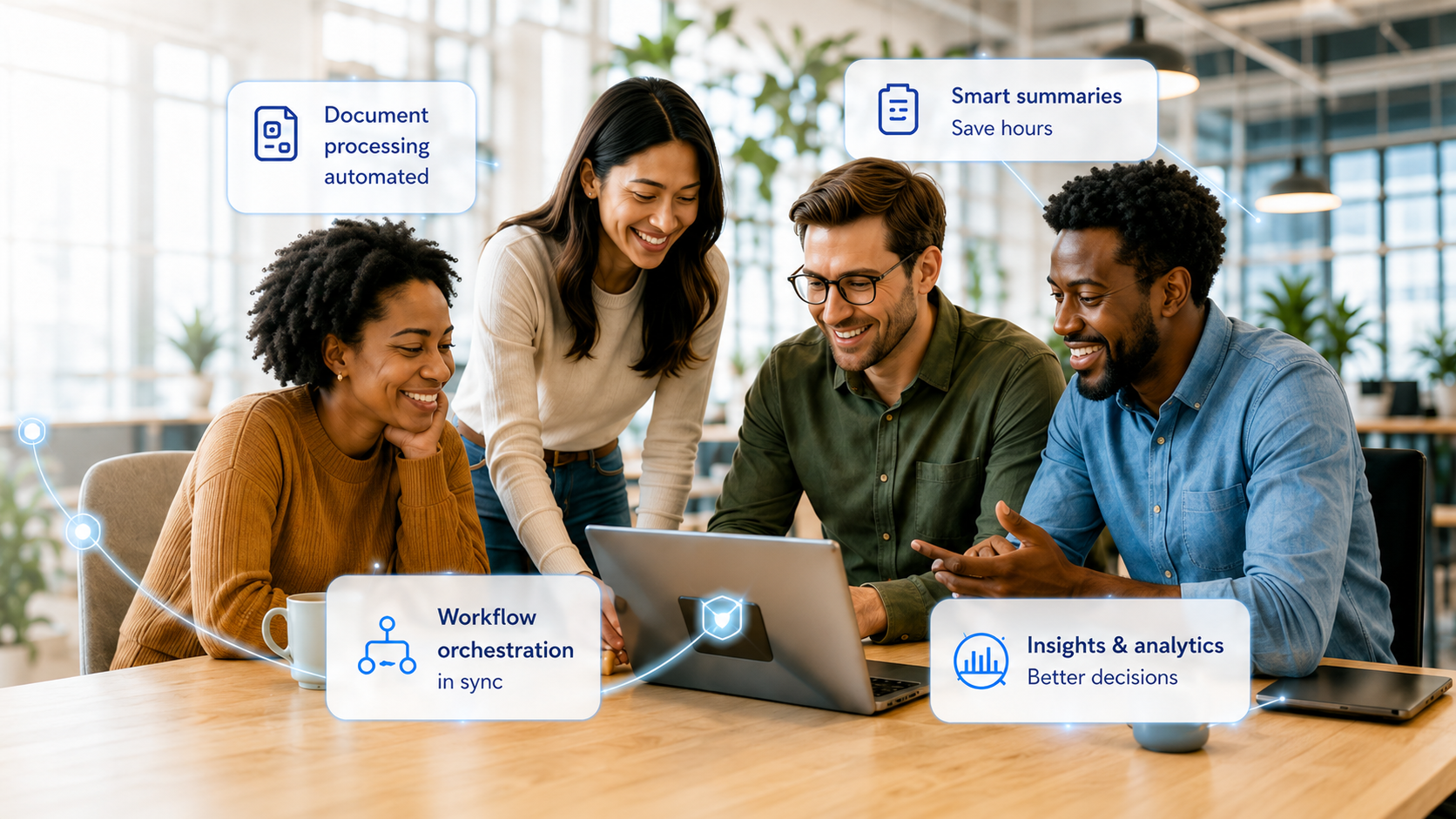 A diverse team collaborating around a laptop, with cards highlighting document processing, smart summaries, workflow orchestration, and insights & analytics