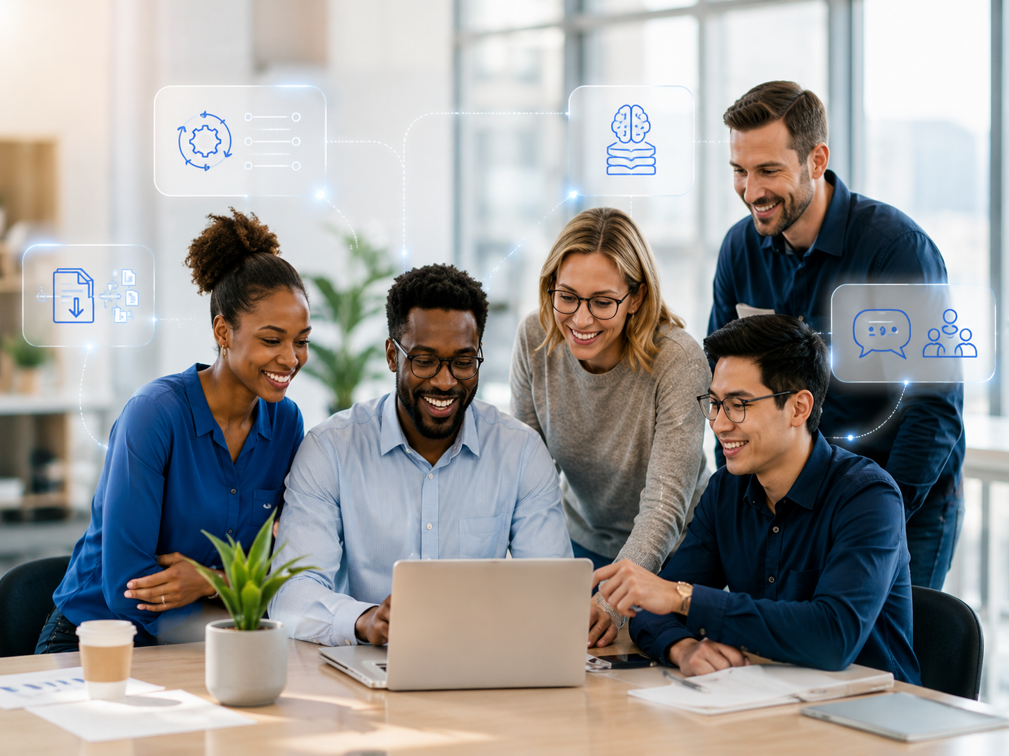 A team collaborating, surrounded by digital workforce modules: workflow automation, knowledge intelligence, data ingestion, cross-team collaboration, and full enterprise integration