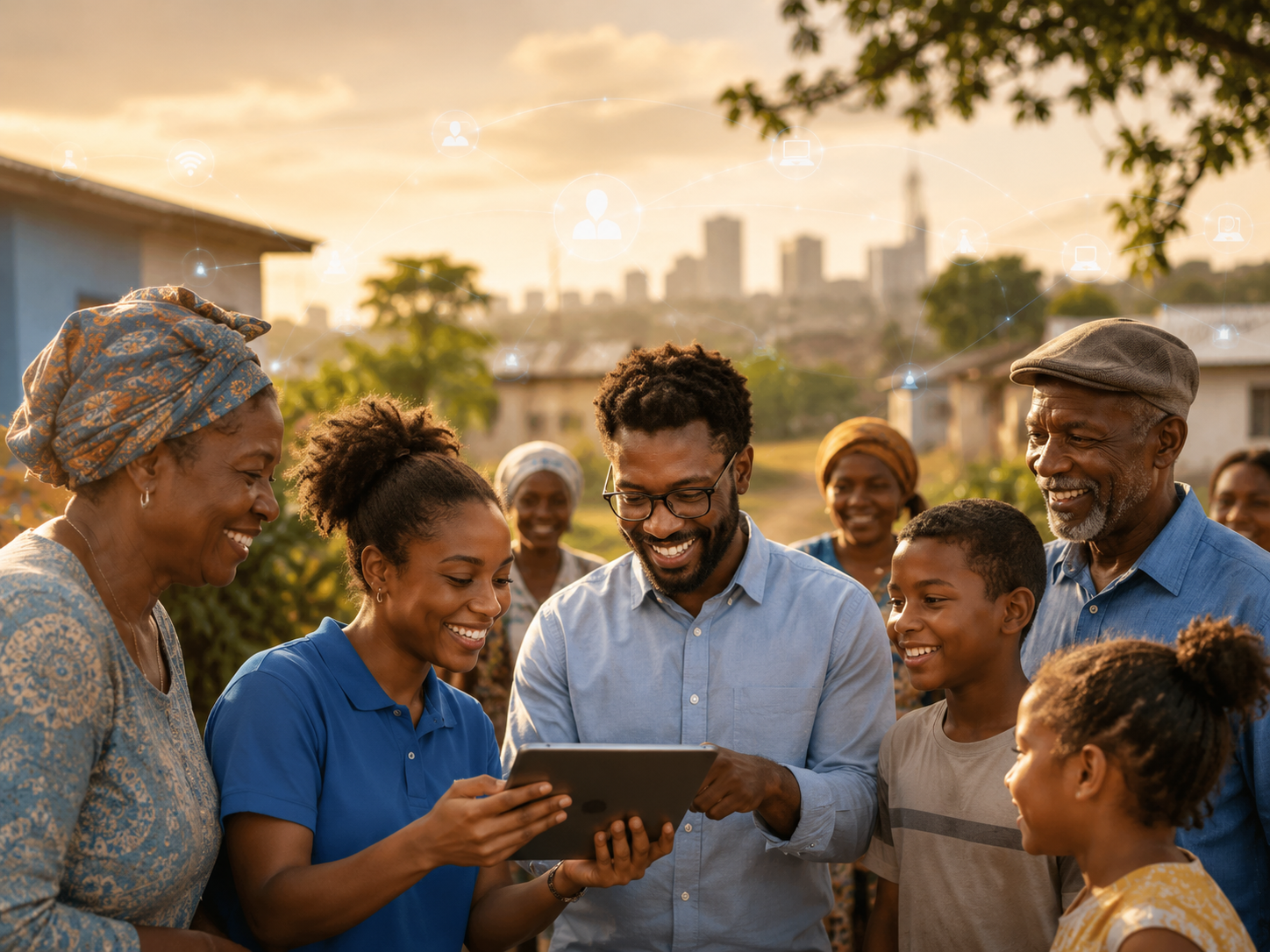 Community members collaborating with a tablet outdoors
