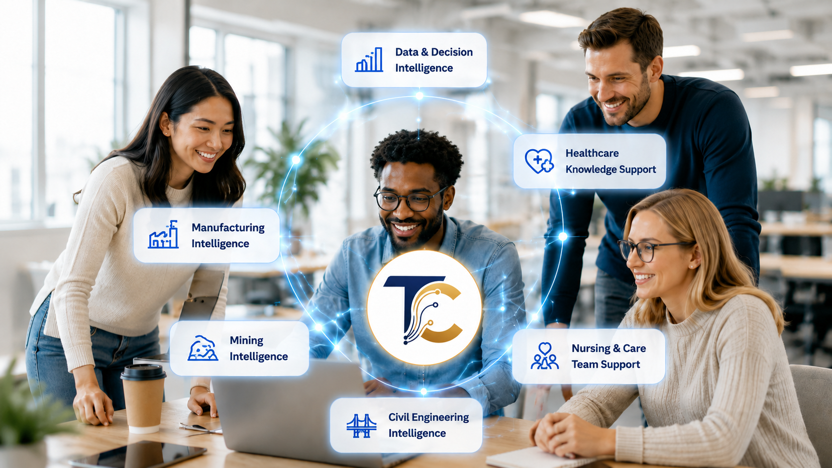 A team collaborating, surrounded by Temple Comfort digital intelligence modules for data, healthcare, manufacturing, mining, civil engineering, and nursing